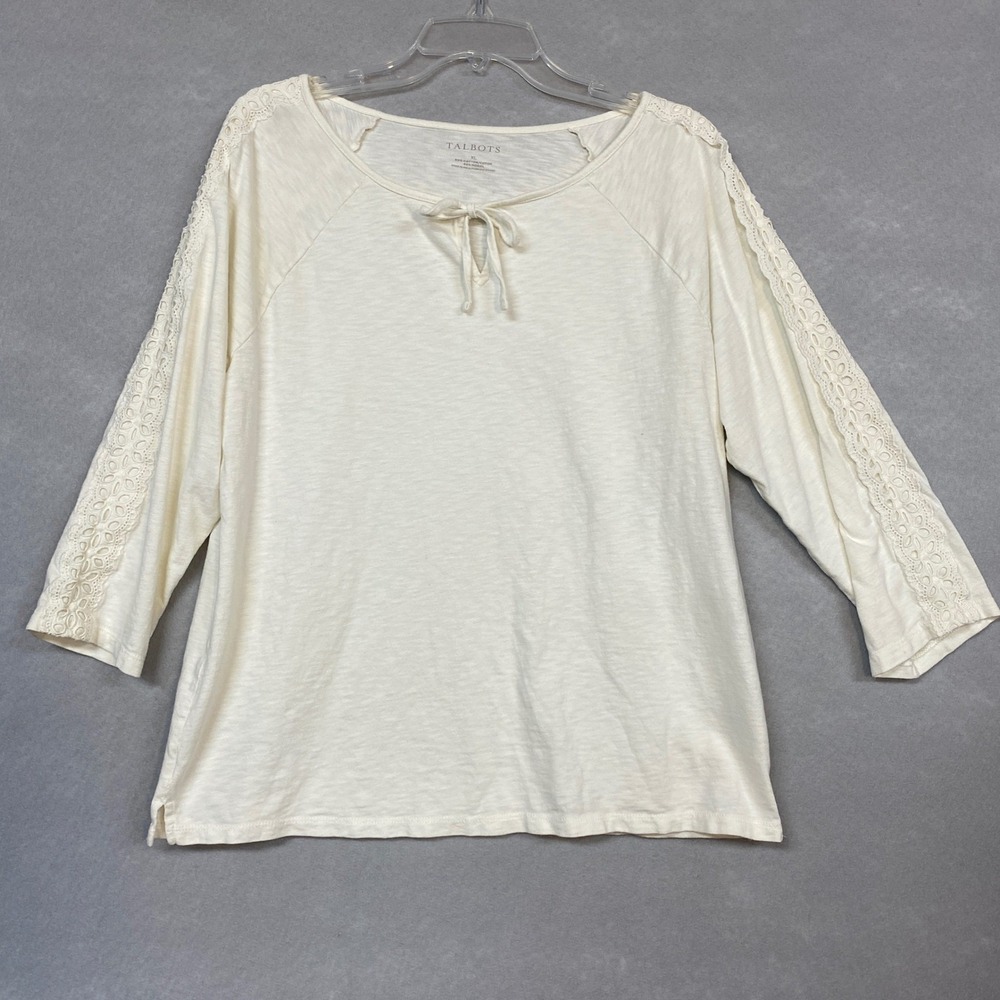 Talbots Women XL Top Cream Lace Eyelet Trim Cotton Blend 3/4 Sleeve Cottagecore
